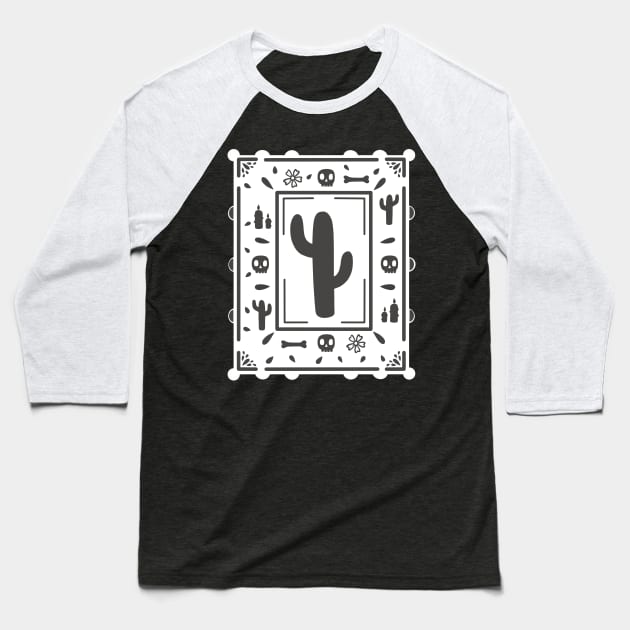 Día De Los Muertos - black skull - cactus - white - Papel Picado Baseball T-Shirt by Scriptnbones